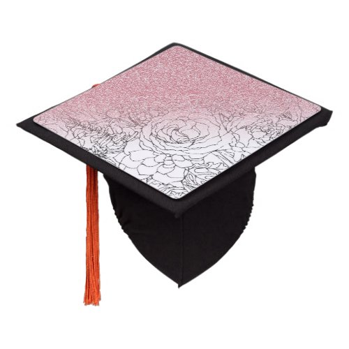 Elegant Floral Doodles Pink Gradient Glitter Image Graduation Cap Topper