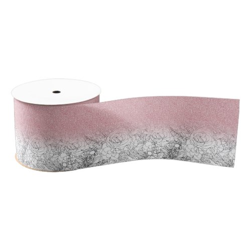 Elegant Floral Doodles Pink Gradient Glitter Image Grosgrain Ribbon