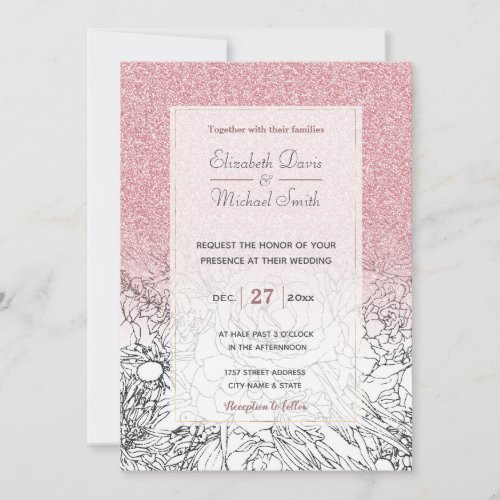 Elegant Floral Doodles Pink Gradient Glitter Image Invitation