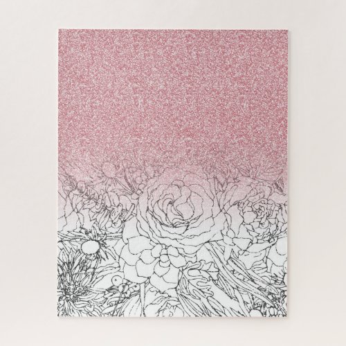 Elegant Floral Doodles Pink Gradient Glitter Image Jigsaw Puzzle