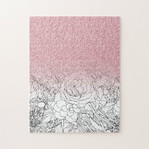 Elegant Floral Doodles Pink Gradient Glitter Image Jigsaw Puzzle