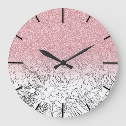 Elegant Floral Doodles Pink Gradient Glitter Image Large Clock