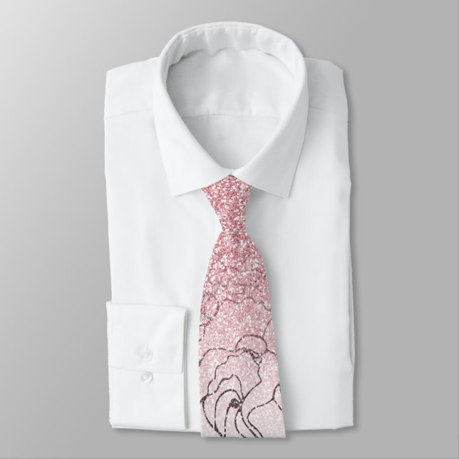 Elegant Floral Doodles Pink Gradient Glitter Image Neck Tie (Tied)