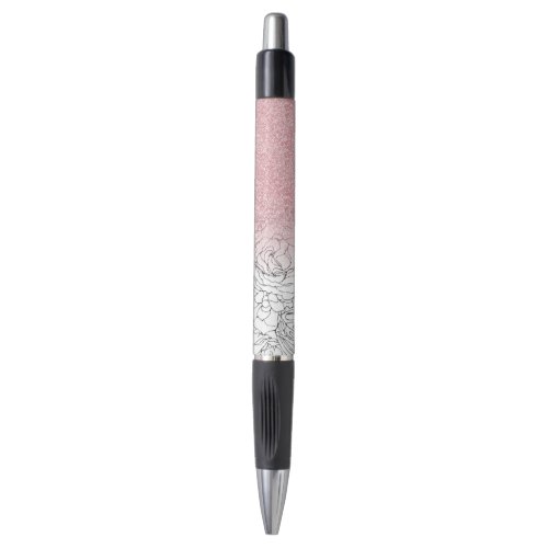 Elegant Floral Doodles Pink Gradient Glitter Image Pen