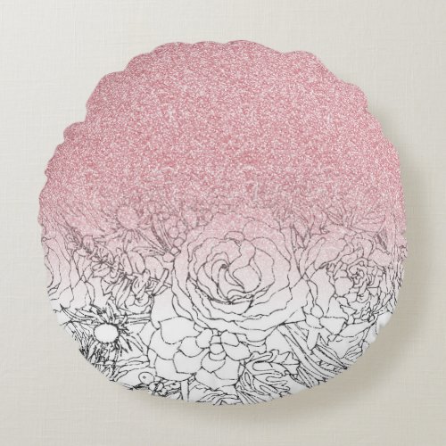 Elegant Floral Doodles Pink Gradient Glitter Image Round Pillow