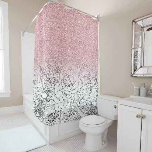 Elegant Floral Doodles Pink Gradient Glitter Image Shower Curtain