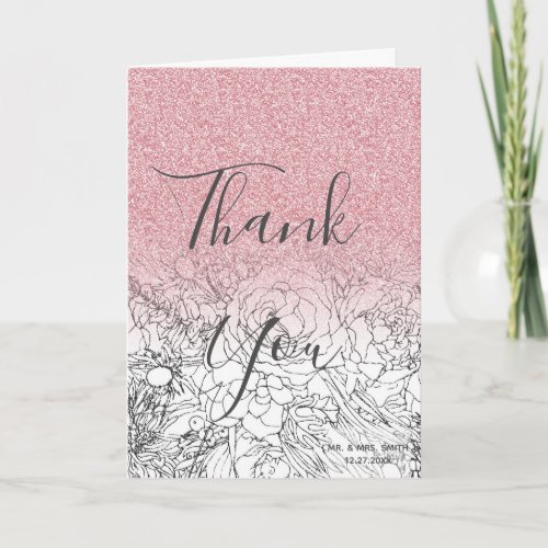 Elegant Floral Doodles Pink Gradient Glitter Image Thank You Card