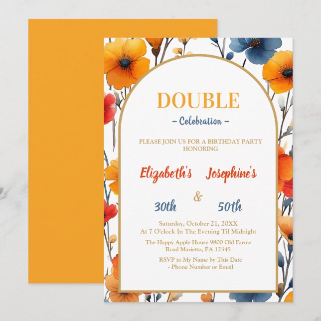 Elegant  Floral double joint birthday party Invitation (Front/Back)
