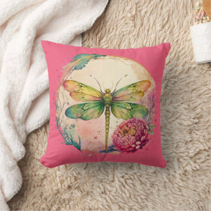 Elegant Floral Dragonfly  Throw Pillow