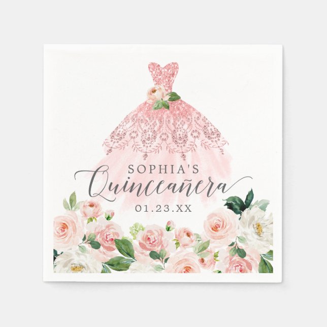 Elegant Floral Dress Quinceanera Napkins (Front)