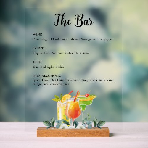 Elegant Floral Drink Bar Menu Acrylic Sign