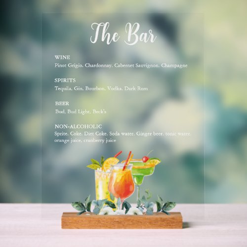 Elegant Floral Drink Bar Menu Acrylic Sign