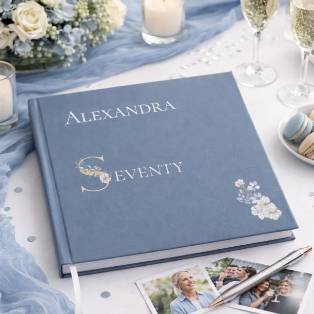 Elegant Floral Dusty Blue 70th Birthday Silver Foil Guest Book (Creator Uploaded)