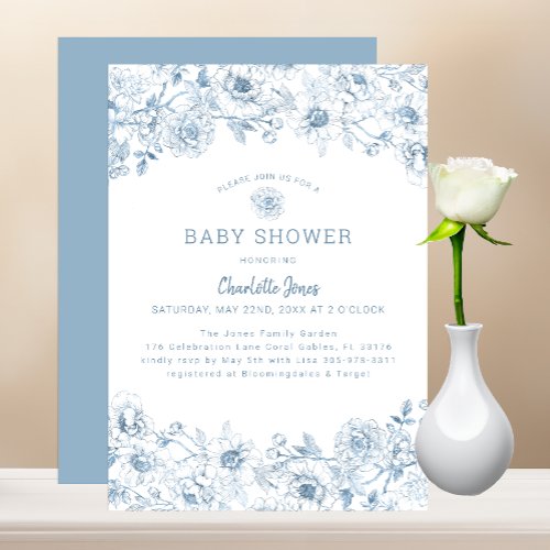 Elegant Floral Dusty Blue Baby Shower Invitation