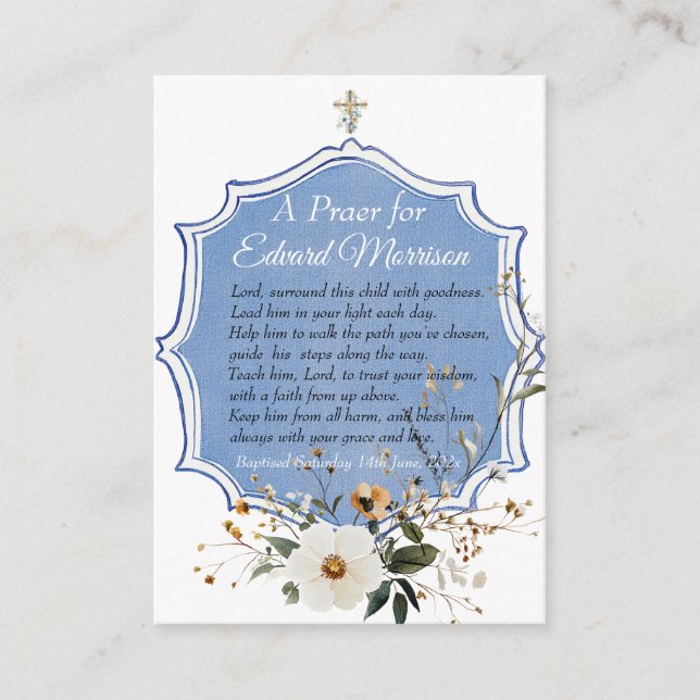 Elegant Floral Dusty Blue Baptism Enclosure Card (Front)