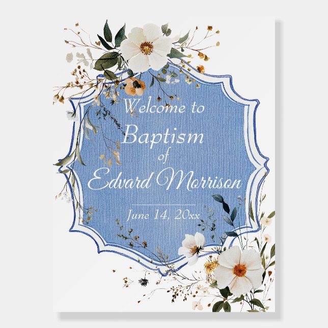 Elegant Floral Dusty Blue Baptism Foam Board (Front)
