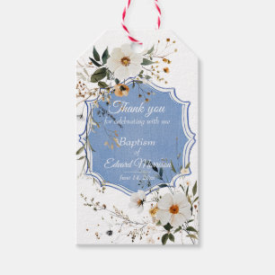 Elegant Floral Dusty Blue Baptism Gift Tags