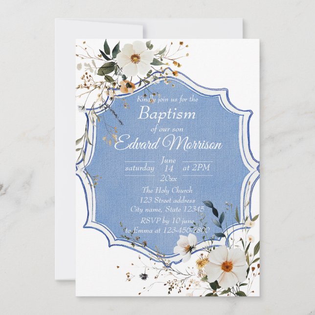 Elegant Floral Dusty Blue Baptism Invitation (Front)