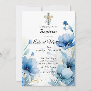 Elegant Floral Dusty Blue Baptism Invitation