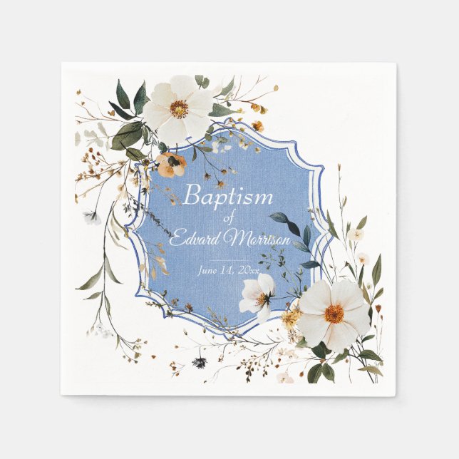 Elegant Floral Dusty Blue Baptism Napkins (Front)