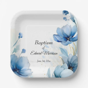 Elegant Floral Dusty Blue Baptism Paper Plates
