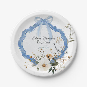 Elegant Floral Dusty Blue Baptism Paper Plates
