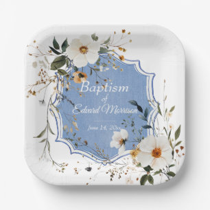 Elegant Floral Dusty Blue Baptism Paper Plates