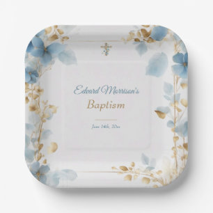Elegant Floral Dusty Blue Baptism Paper Plates