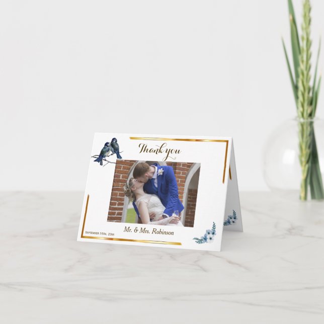 Elegant Floral Dusty Blue Birds Photo Wedding Thank You Card (Front)