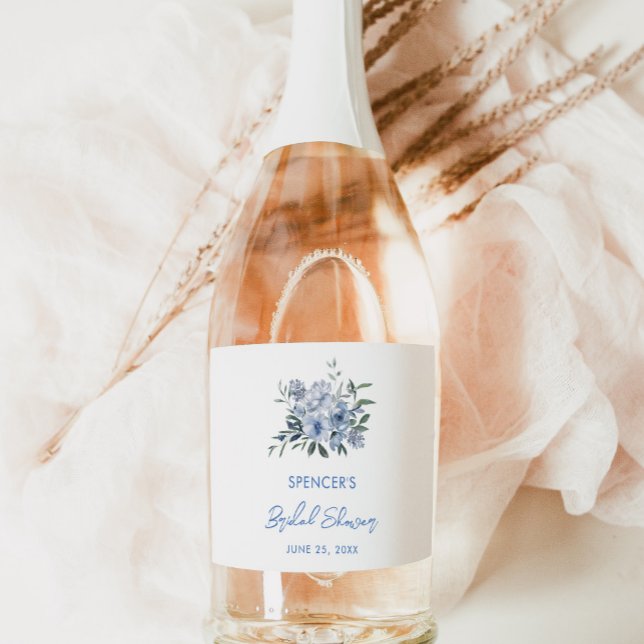 Elegant Floral Dusty Blue Bridal Shower Favor Sparkling Wine Label (Creator Uploaded)