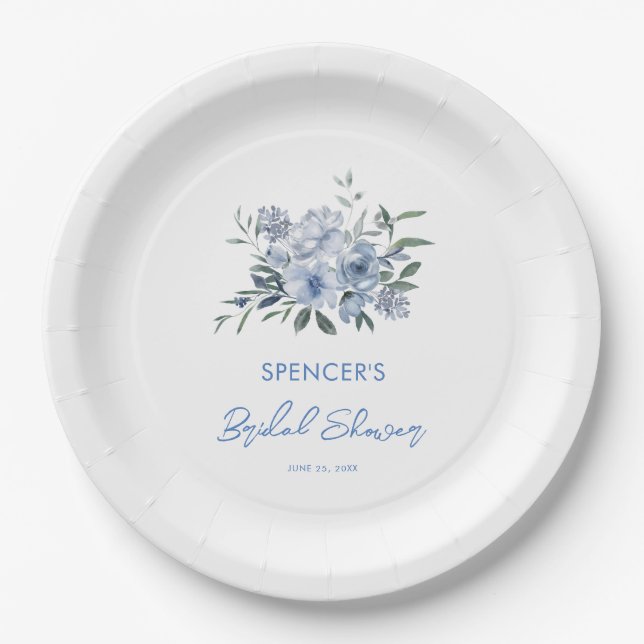 Elegant Floral Dusty Blue Bridal Shower Paper Plates (Front)