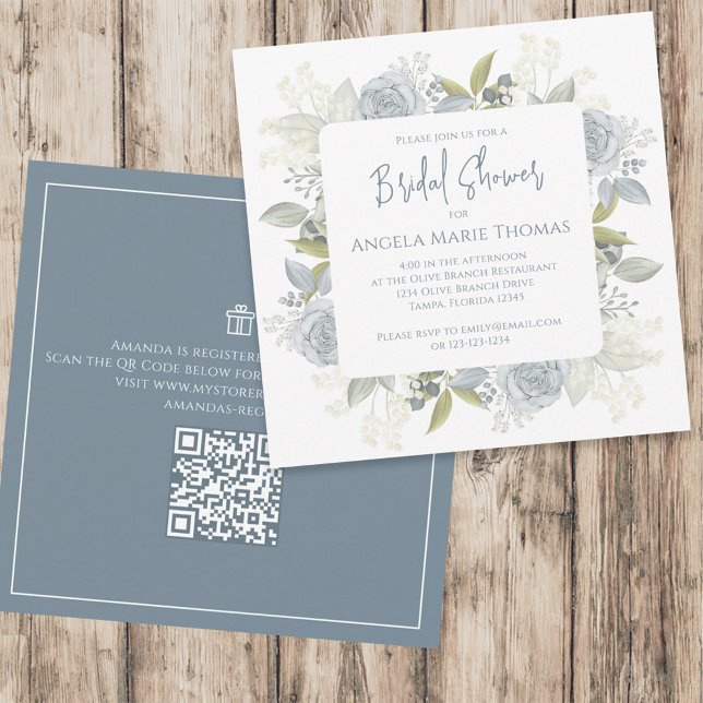 Elegant Floral Dusty Blue Bridal Shower QR Code Invitation (Creator Uploaded)