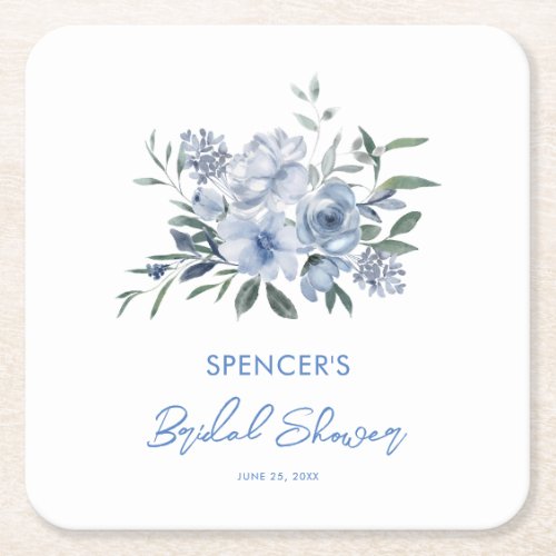 Elegant Floral Dusty Blue Bridal Shower Square Paper Coaster