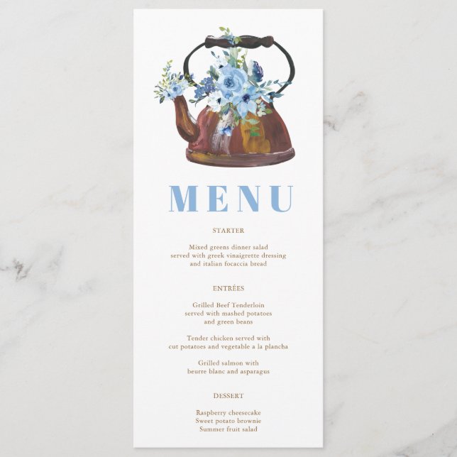 Elegant Floral Dusty Blue Bridal Shower Tea Party  Menu (Front)