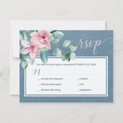 Elegant floral dusty blue chic script wedding RSVP card