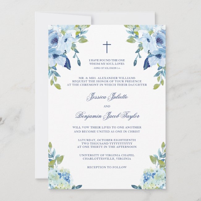Elegant Floral Dusty Blue Christian Wedding Invitation