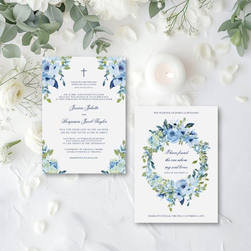 Elegant Floral Dusty Blue Christian Wedding Invitation