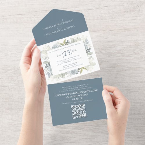 Elegant Floral Dusty Blue Classic Greenery QR Code All In One Invitation