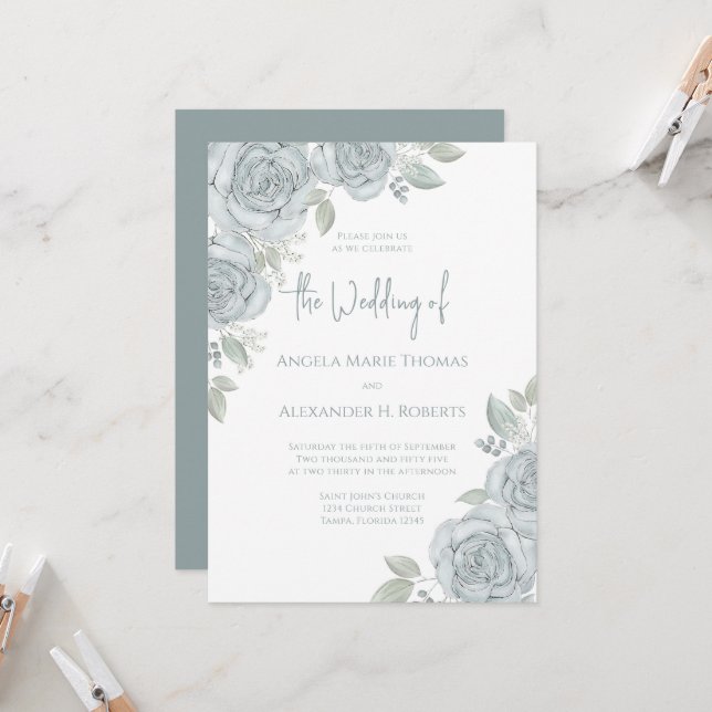 Elegant Floral Dusty Blue Classic Rose Flowers Invitation (Front/Back In Situ)