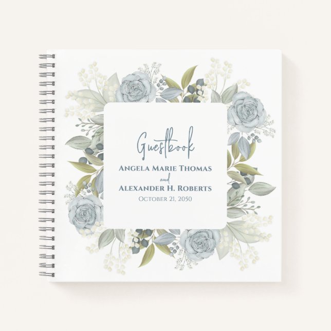Elegant Floral Dusty Blue Classic Rose Greenery Notebook (Front)