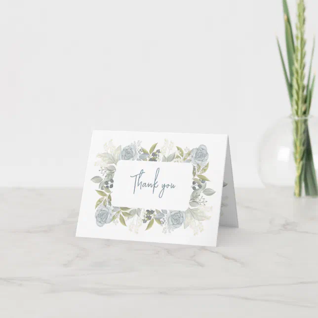 Elegant Floral Dusty Blue Classic Rose Greenery Thank You Card | Zazzle