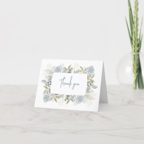 Elegant Floral Dusty Blue Classic Rose Greenery Thank You Card