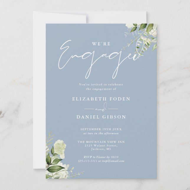 Elegant Floral Dusty Blue Engagement Party Invitation (Front)