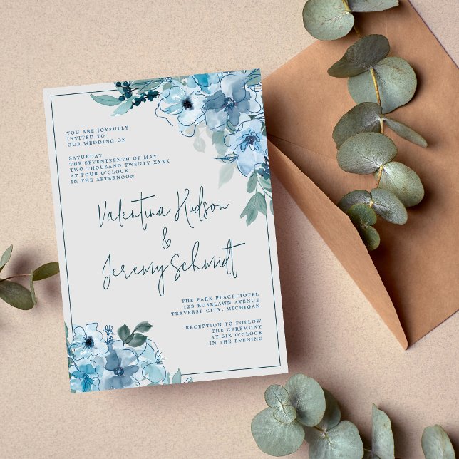 Elegant Floral Dusty Blue Flowers Wedding Invitation (Creator Uploaded)