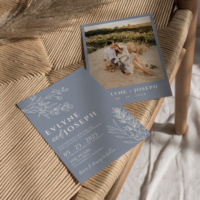 Elegant Floral Dusty Blue Herbal Boho Wedding Invitation (Creator Uploaded)