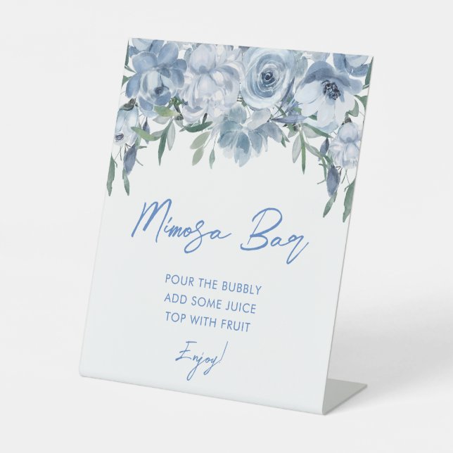Elegant Floral Dusty Blue Mimosa Bar Bridal Shower Pedestal Sign (Front)