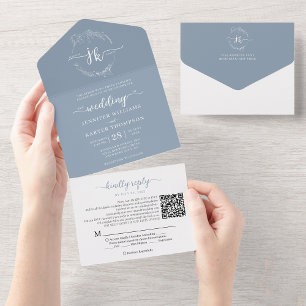 Elegant Floral Dusty Blue Monogram QR Code Wedding All In One Invitation