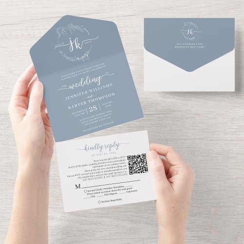 Elegant Floral Dusty Blue Monogram QR Code Wedding All In One Invitation