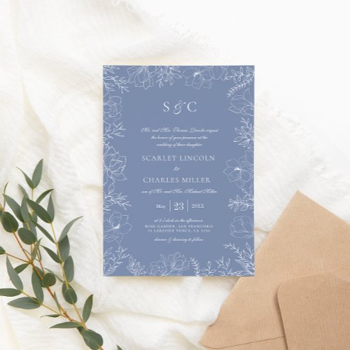 Elegant Floral Dusty Blue Monogram Wedding Invitat Invitation