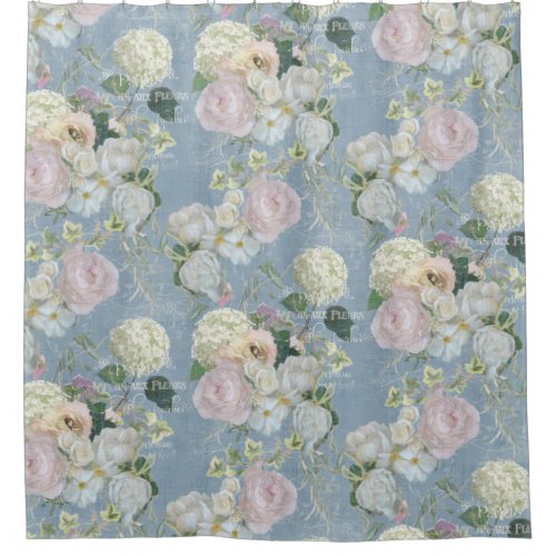 Elegant Floral Dusty Blue Pink Peony Greenery Shower Curtain